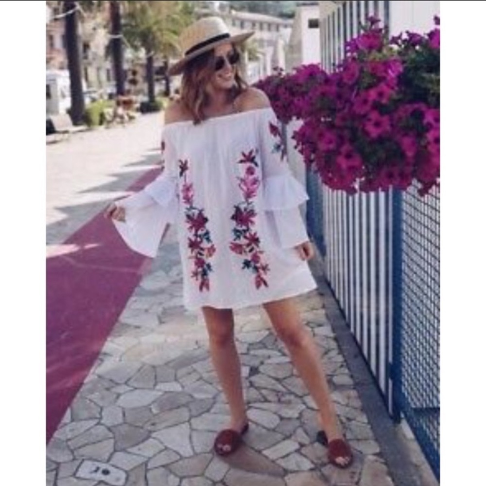 ATMOSPHERE EMBROIDERED BELL SLEEVE DRESS